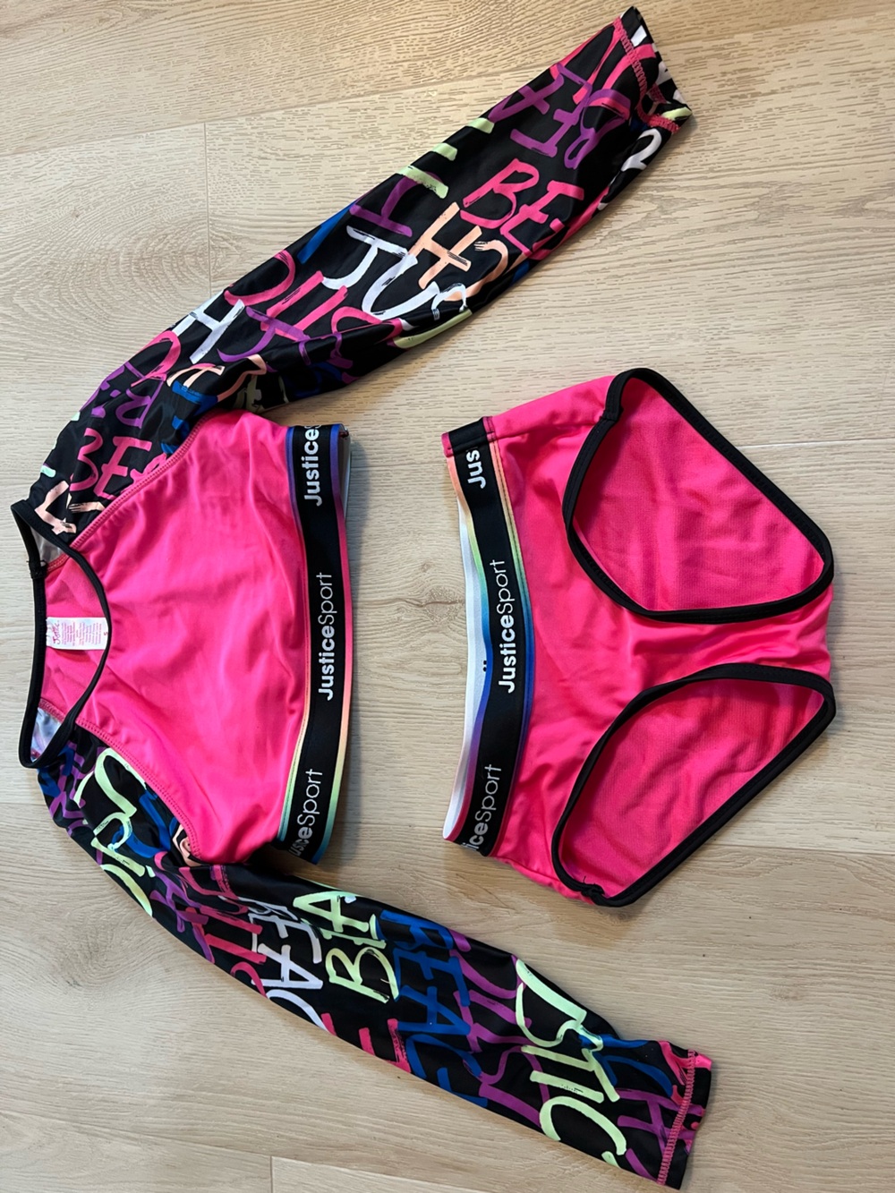 Justice Girls Pink Neon Graphic Long Sleeve Rashguard Swim Set